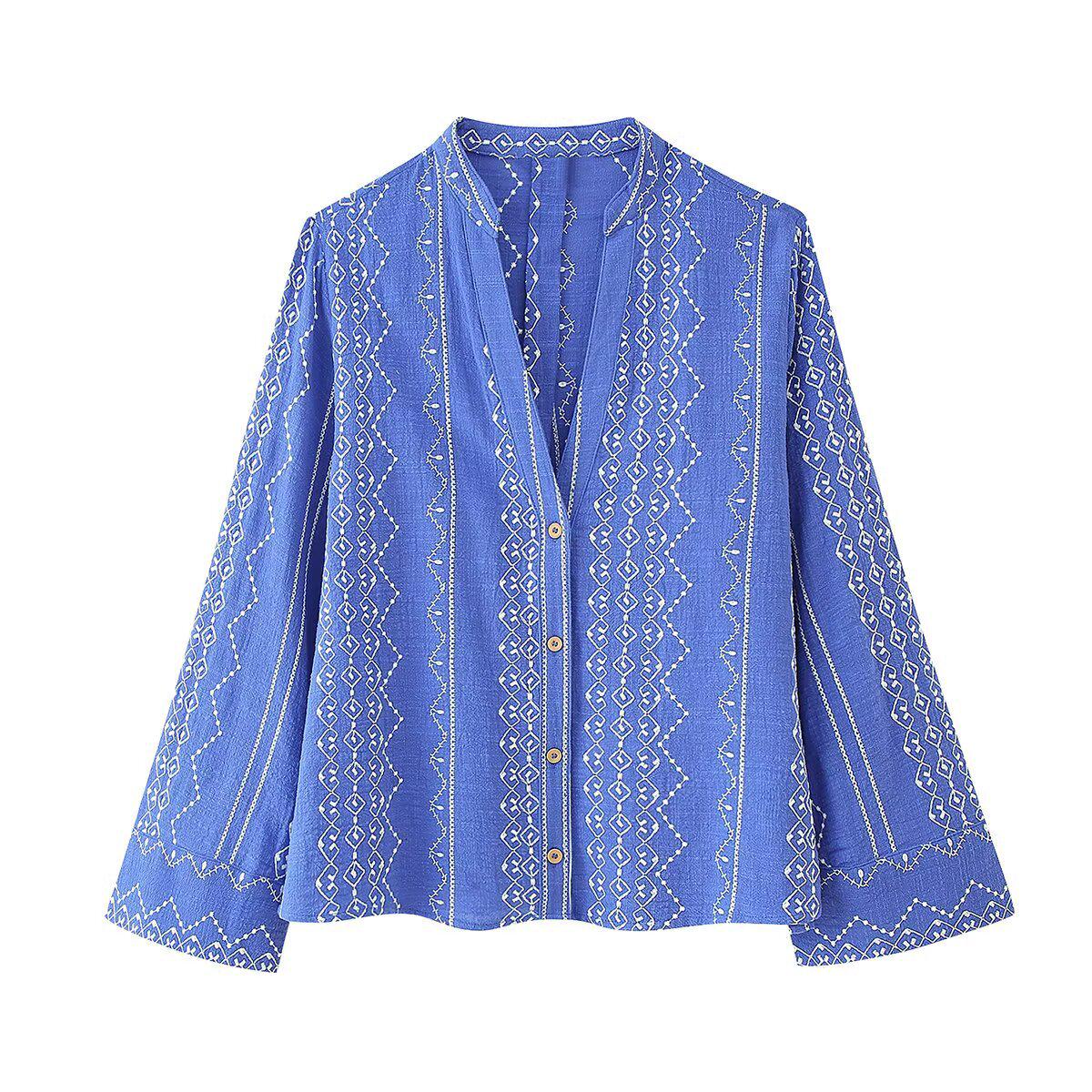 

Весна 2025 Женская рубашка в стиле ретро, этническая, с вышивкой, с V-образным вырезом Large королевский синий
