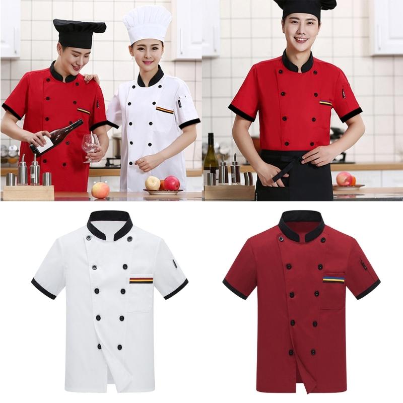 Double Breasted Chefs Coat Breathable Chefs Jacket Color Stitching Chefs Uniform Hotel Restaurant Work Shirt Clothes