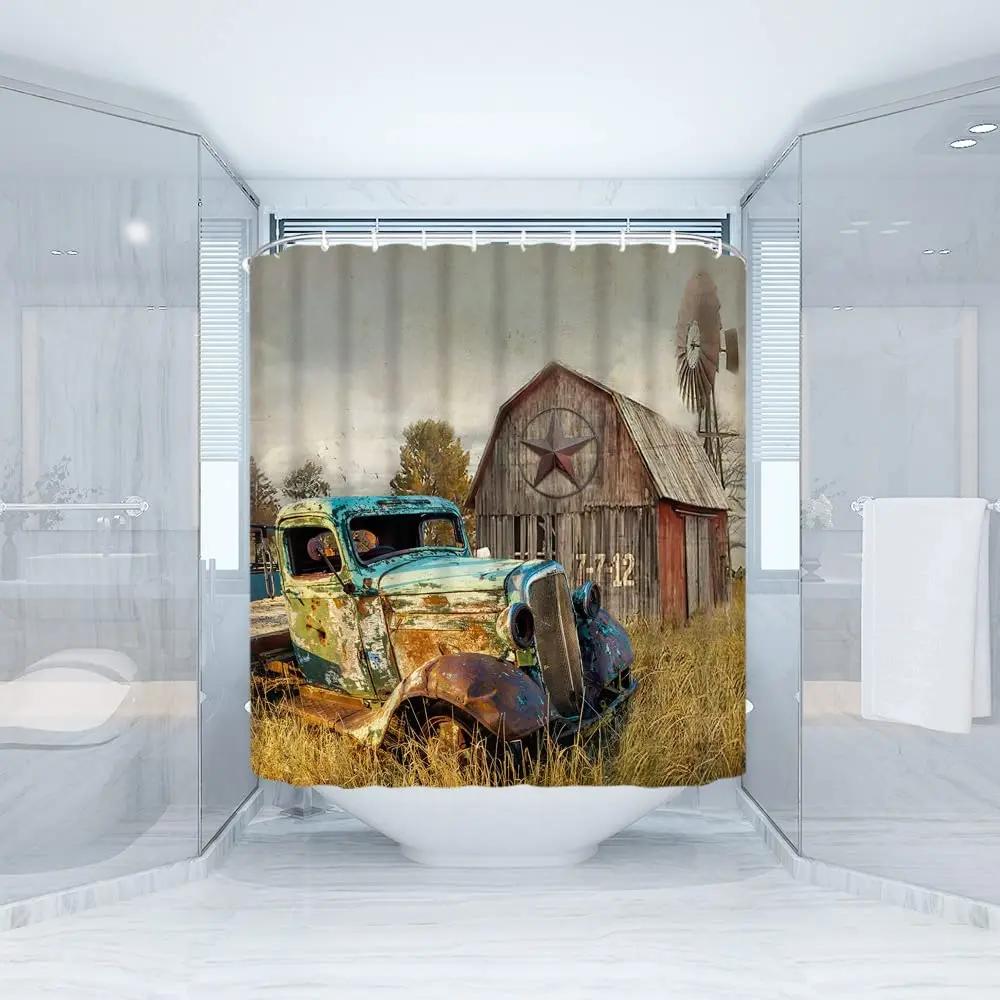 Antique Car Shower Curtain Vintage Classic Old Truck Car On Farm Field Retro Rustic Farmhouse Fabric Bathroom Decor Curtain Hook
