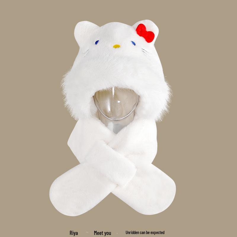 Women's Cozy Fox Ear Plush Hat with Integrated Scarf - Warm, Soft Lei Feng Design for Autumn and Winter. Perfect Ear Protection for Students.