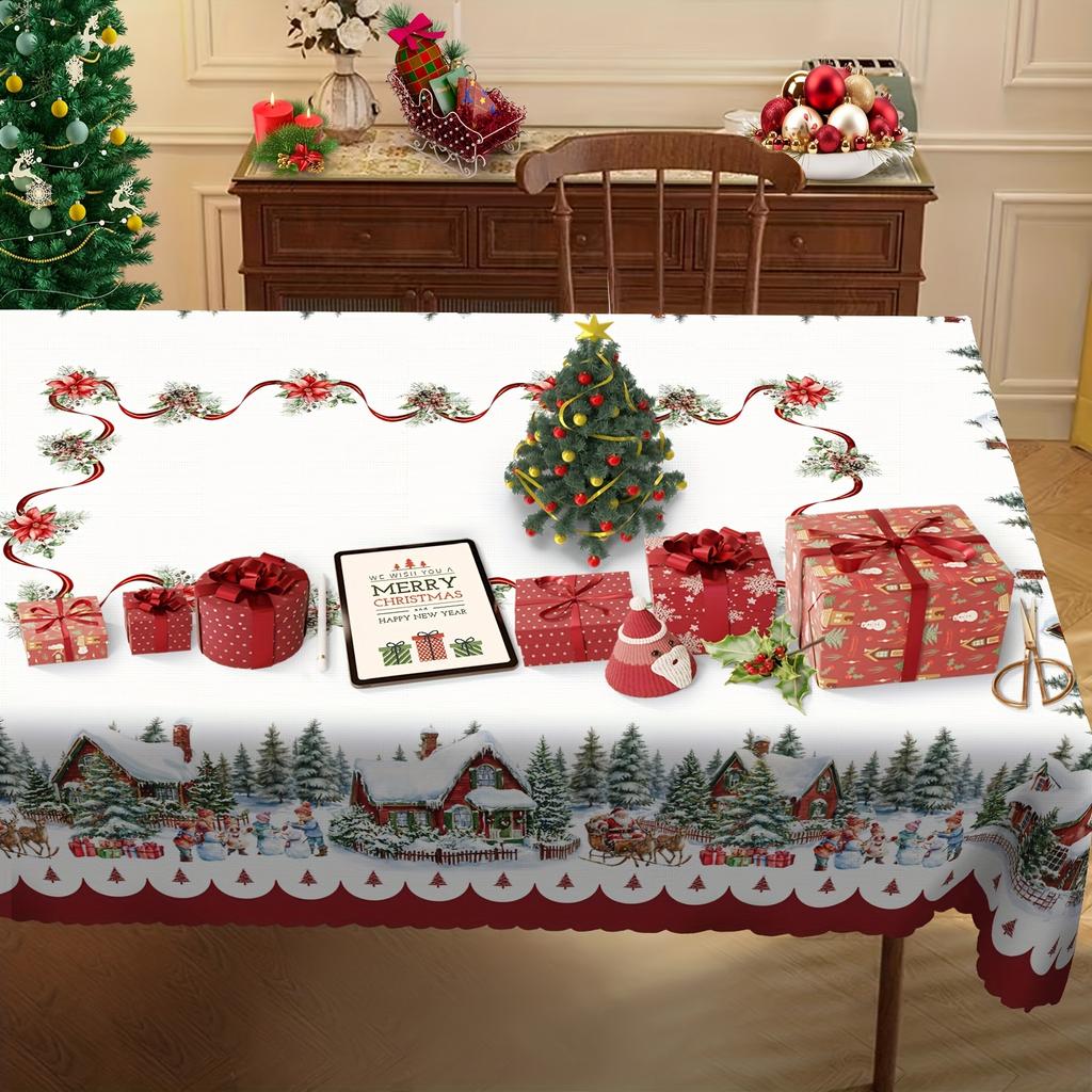 Christmas Poinsettia Santa Claus Waterproof Tablecloth Table Decor Winter Xmas Kitchen Dining Tablecloth Christmas Decorations