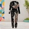 Women Plus Size Round Neck Long Sleeve Black Printed Two Piece Set Cuffed Top And Pants With Pockets