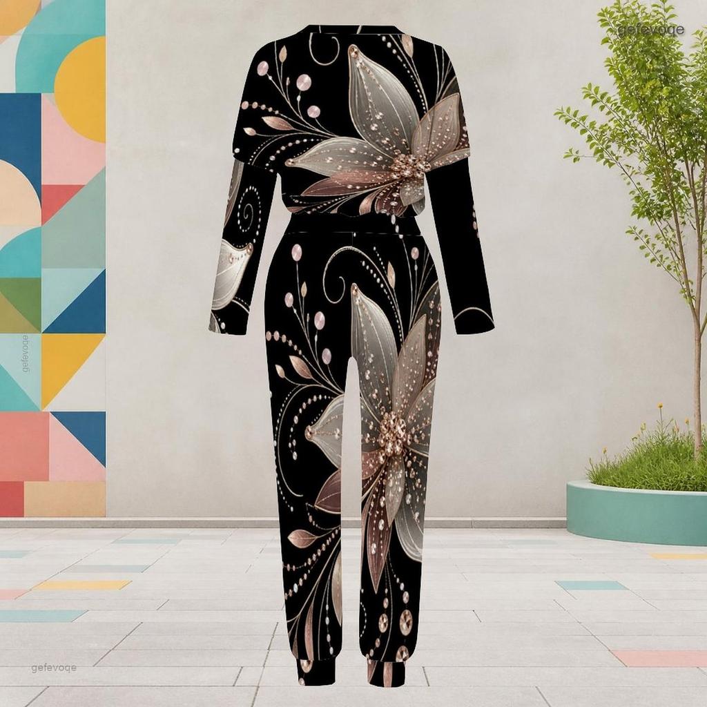 Women Plus Size Round Neck Long Sleeve Black Printed Two Piece Set Cuffed Top And Pants With Pockets