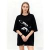 Oversized T Shirt Black Galaxy Print With Dinosaur And Text Graphic Casual Streetwear For Women