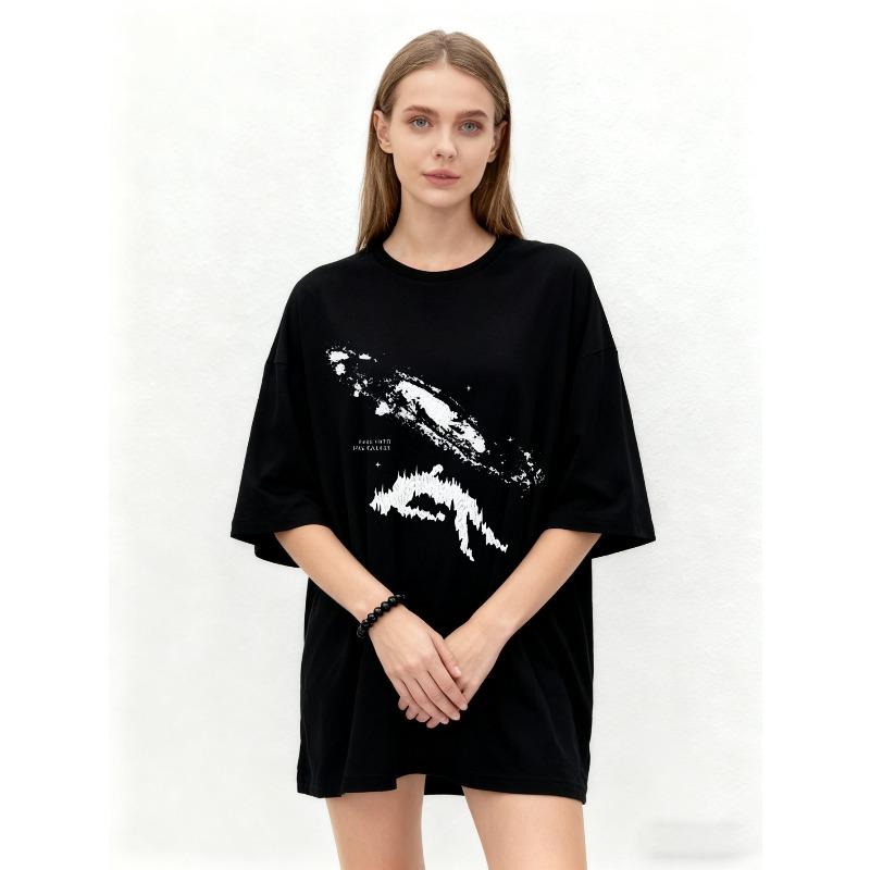 Oversized T Shirt Black Galaxy Print With Dinosaur And Text Graphic Casual Streetwear For Women