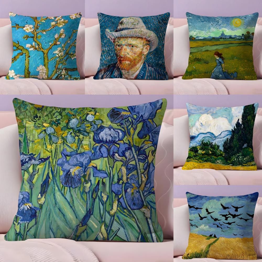 Van Gogh Oil Painting Cushion Cover Plush Fabric Soft Double-Sided Printed Sofa Warm Winter Home Gift Cushion Cover
