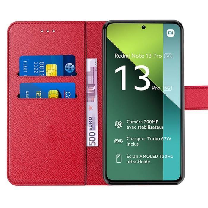 Coque - E.F.Connection - pour Xiaomi Redmi Note 13 Pro 5G - Rouge - Cuir PU - Porte-cartes - Support - avec 2 Verres Trempés