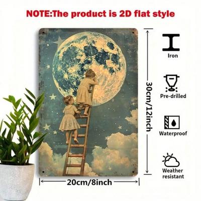 Vintage Iron Moon Child Wall Art, Metal Poster for Living Room
