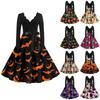 Women's Fashion Wave Edge V-Neck Casual Slim Halloween Printed Long Sleeve Dresses