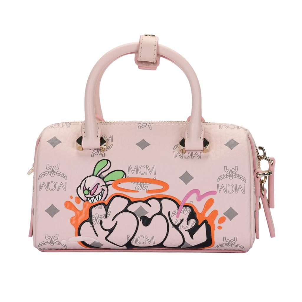 New MCM SAMBYPEN Collaboration Visetos Cow Leather Boston Bag, Shoulder Bag, Crossbody Bag Mini Women's Cherry Blossom Pink MWBBASP01QH001