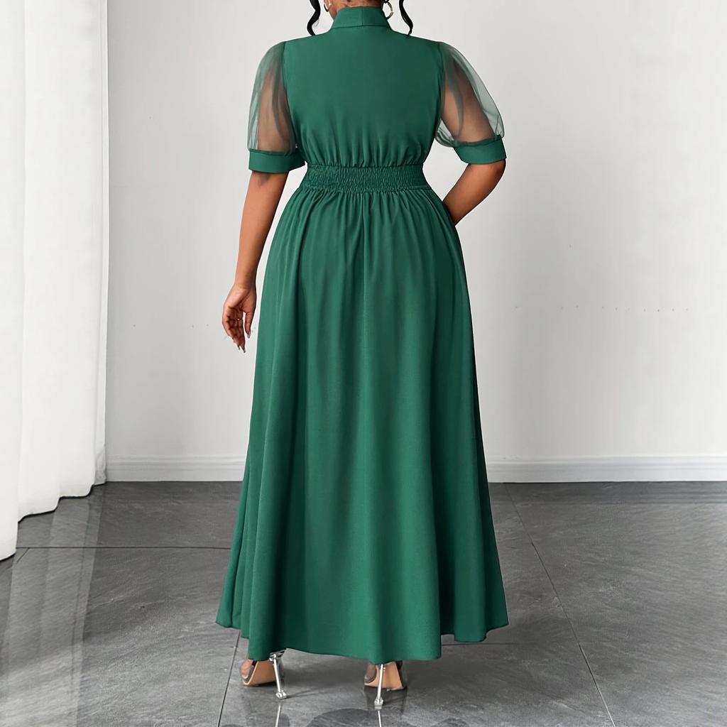 European and American large-size summer new temperament mesh splicing bow collar medium and long dress