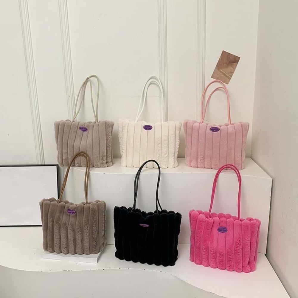 Stripe Plush Shoulder Bag Portable Commuting Handbag Polyester Furry Tote Bag  Women