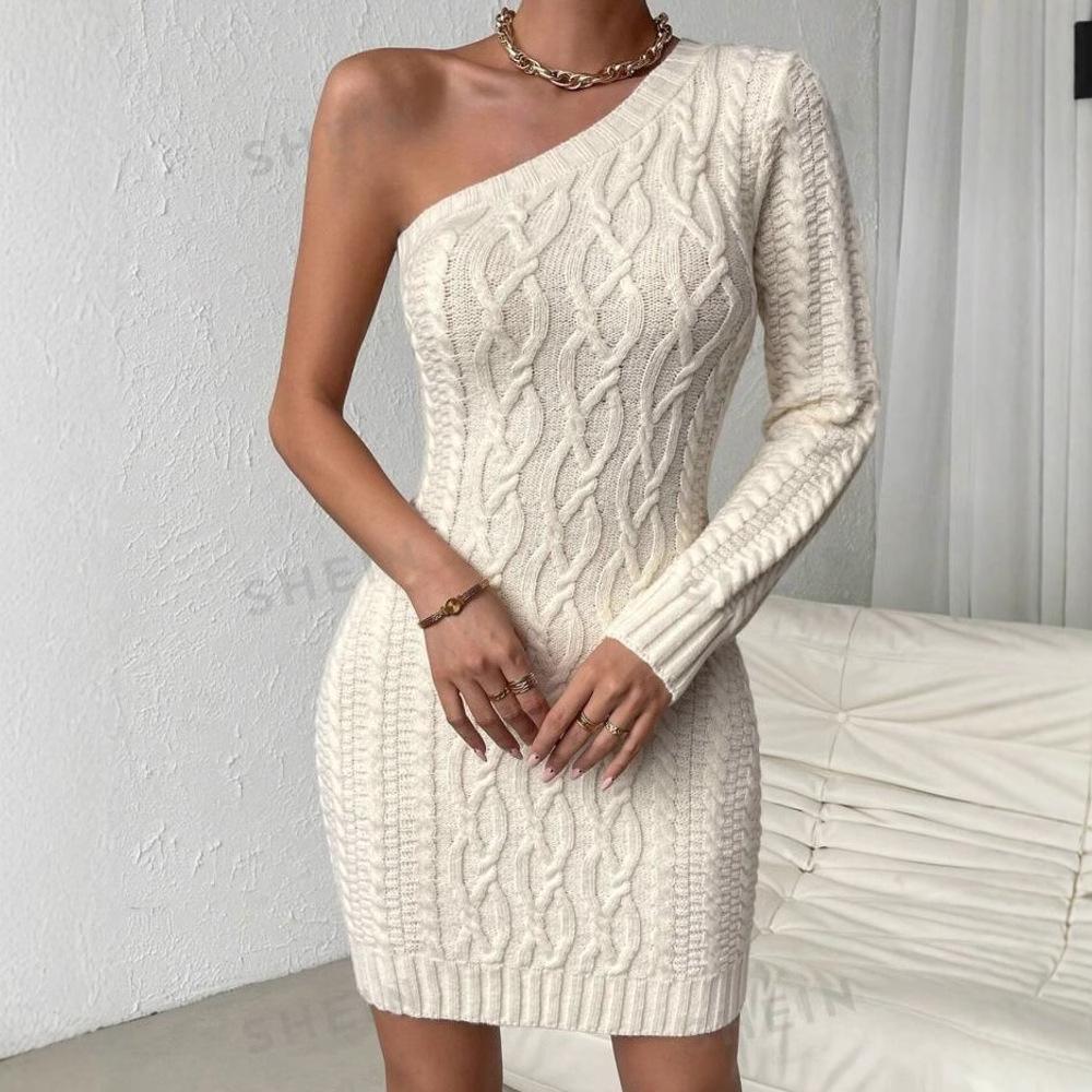 

Осень 2024 Европейское и американское женское облегающее трикотажное платье с открытыми плечами S кремовый/белый