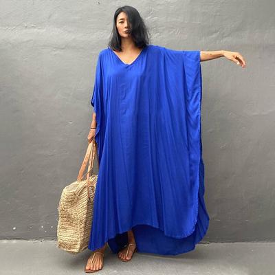 Kaftan Beach Long Dress Woman Plus Size Solid Cotton Bat Sleeve Swimwear 2022 Bathing Suit Cover Ups