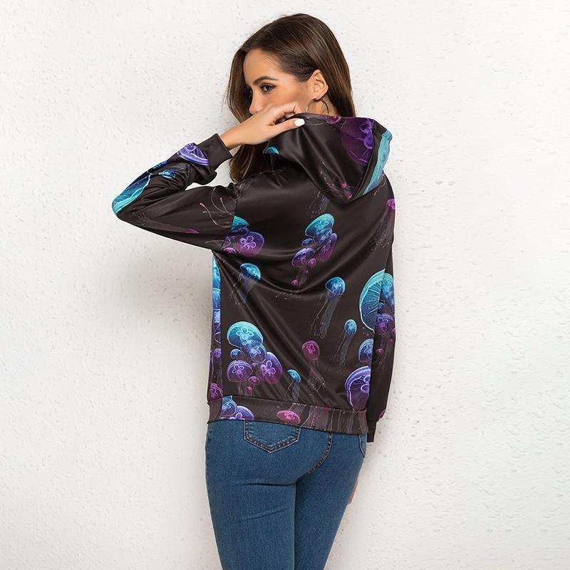 Women Jellyfish Printed Drop Shoulder Hooded Sweatshirt Long Sleeved Sweatshirt