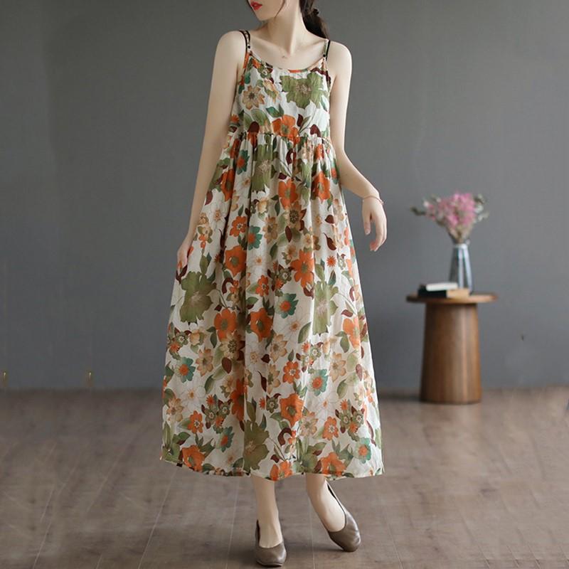 

Anteef, хлопковые винтажные платья с цветочным принтом без рукавов для женщин, повседневное свободное длинное летнее платье, элегантная одежда XXL
