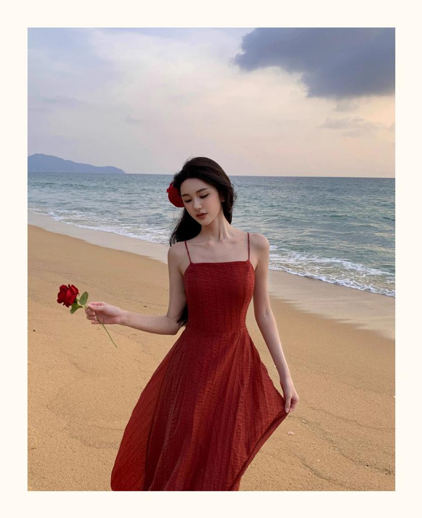 French Pink Sexy Backless Suspender Dress Women's Summer Fairy Temperament Seaside Vacation Princess Long Skirt