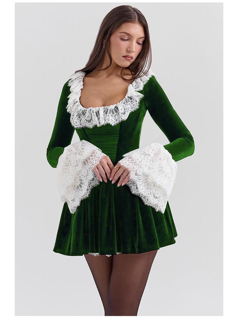 European & American Sexy Slim Lace U-neck Long-sleeve Dress