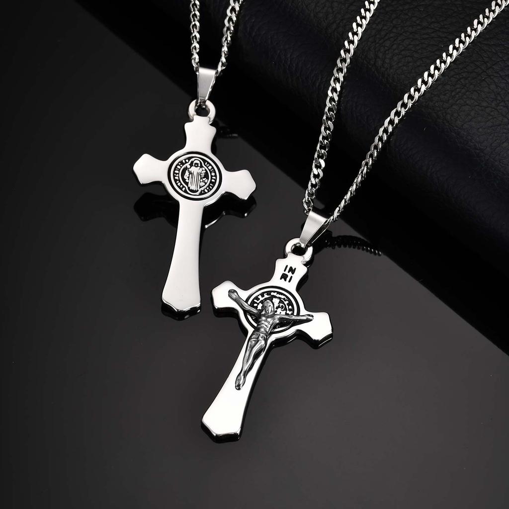Catholic Jesus Cross Stainless Steel Necklace Gold Color Saint Benedict Pendant Religion Prayer Faith Jewelry for Men Women Gift