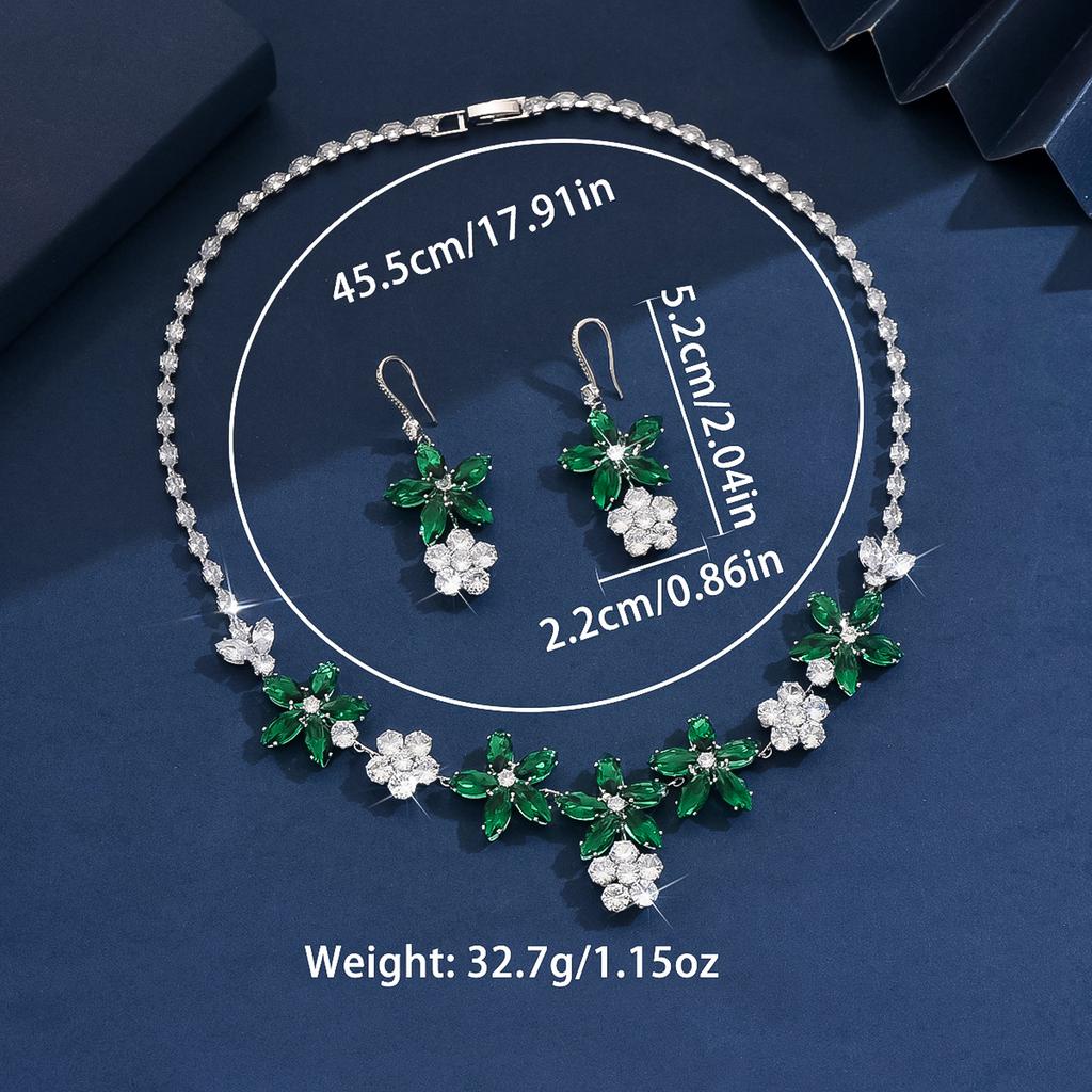 3-teiliges Damenmode Zirkon Serie Grünes Blumen Halskette Ohrringe Zirkon Set Geeignet für Hochzeit, Party, Festival Geschenke-8581