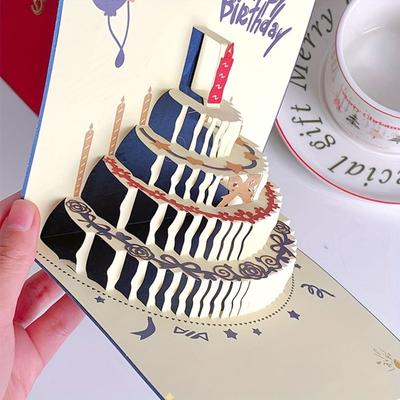 Creative 3D Happy Birthday Card Four-Layer Birthday Cake Pop Up Musical Light Greeting Card with Envelope Foldable Gift Card
