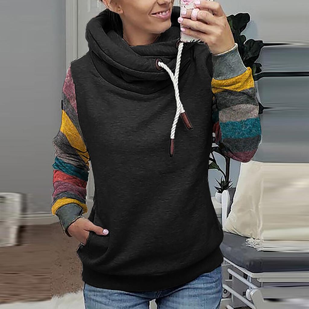 Women's Pullover High-neck Casual Long-sleeved Retro Color-blocking Hooded Top