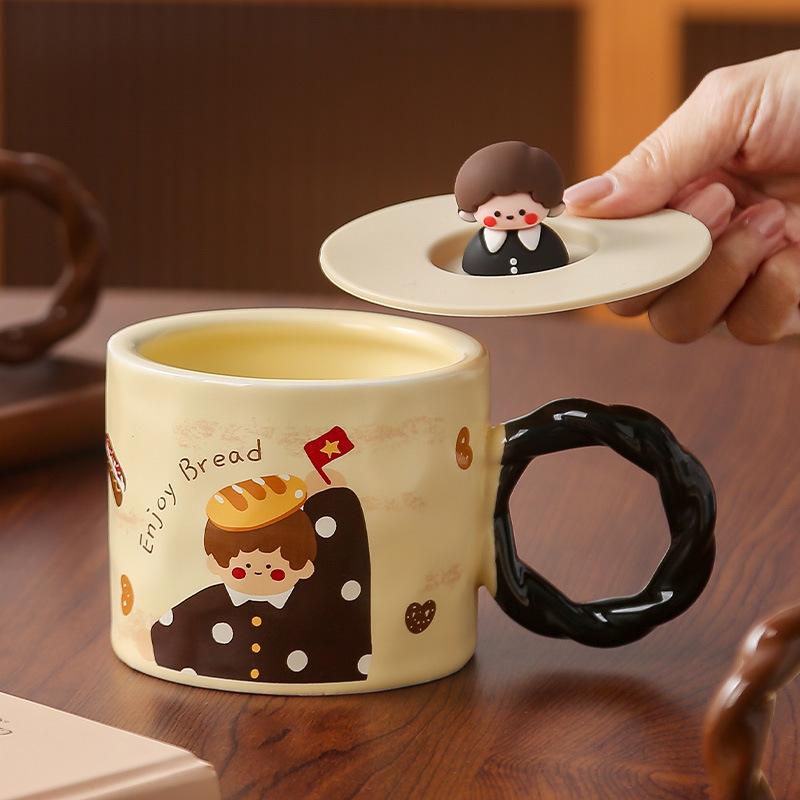 Retro Girl Ceramic Mug with Lid High looking Couple Water Cup Couple Home Breakfast Coffee Cup Boy
