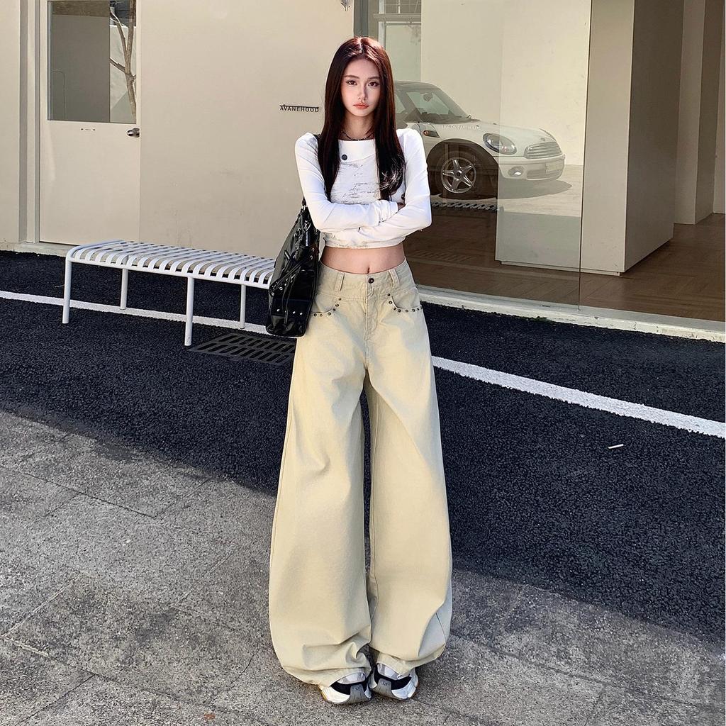 Women's Khaki High-Waisted Wide-Leg Jeans, Autumn/Winter 2025 - Floor-Length Slimming Casual Trousers.