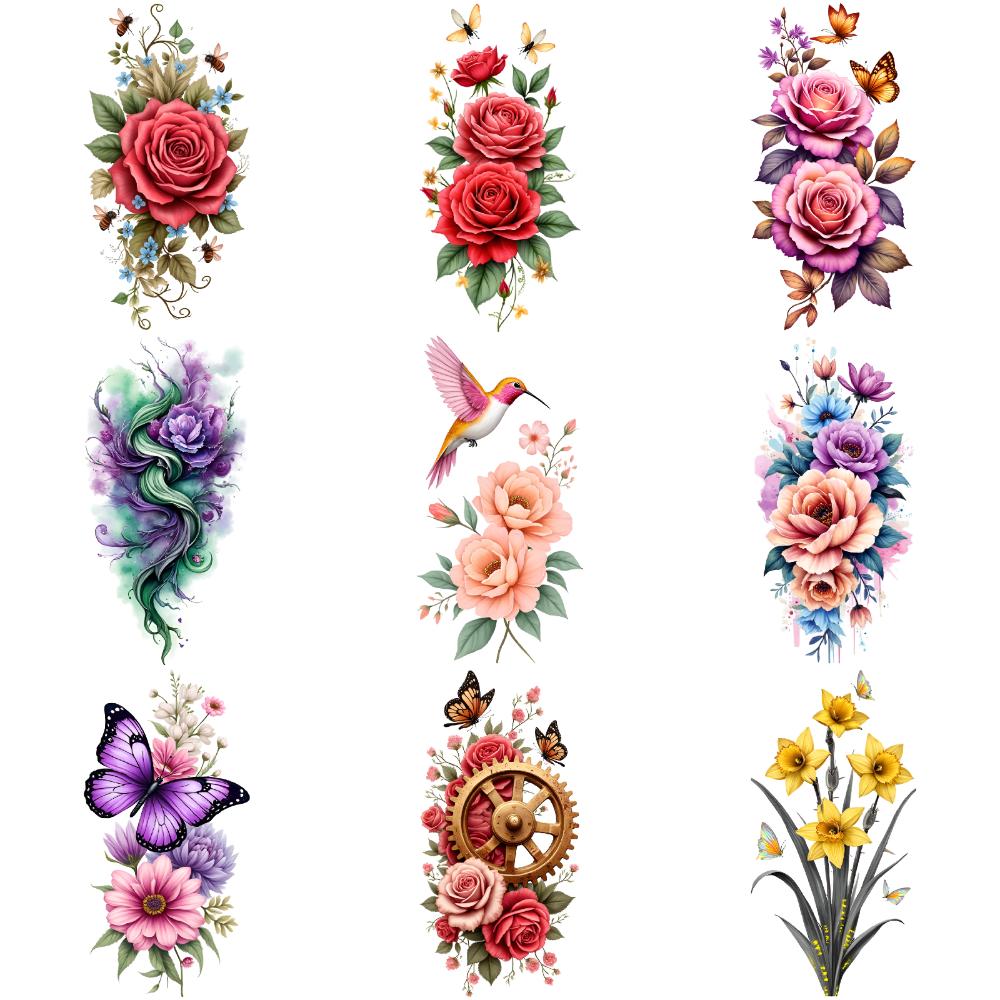 9 Stück Blumen Temporäre Tattoos für Männer Frauen Pflanze Narzisse Rose Pfingstrose Fake Tattoo Aufkleber Wasserdicht Körper Arm Tattoo Aufkleber