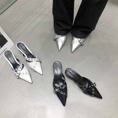 Obuwie Baotou Szpiczaste Półkapcie Damskie Do Noszenia Na Zewnątrz Średnie Obcasy Szpilki 2025 Moda Nowość Klamra na Kostkę 4cm Śledź