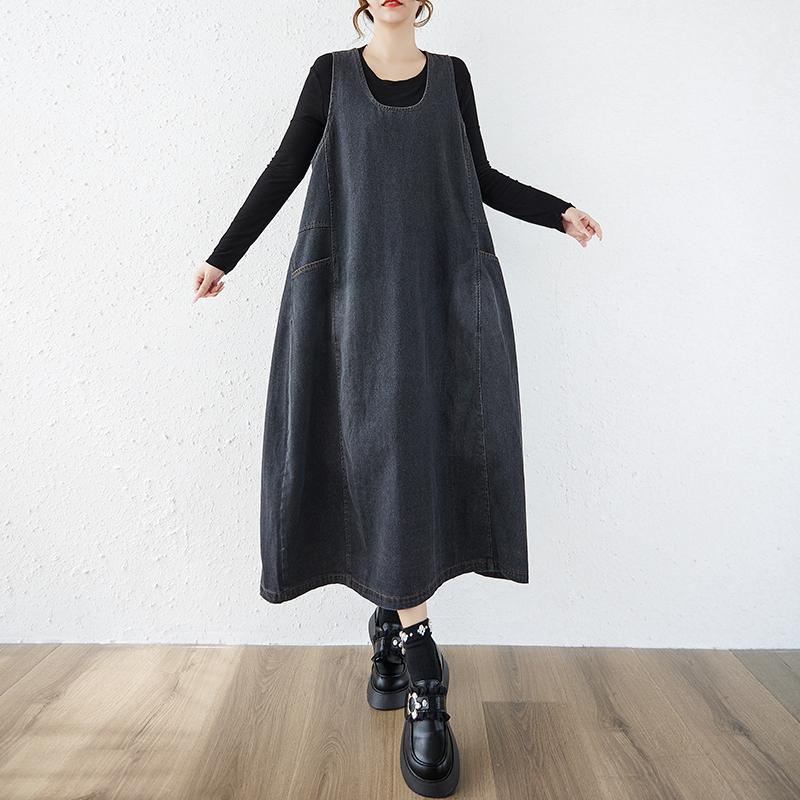DIMANAF Women Plus Size Denim Dress Sleeveless Maxi Long Dress Cottton Vintage Loose Casual Dresses