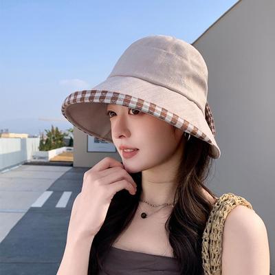 Women's Summer Plaid Bucket Hat: Breathable, UV Protection, Face-Slimming, with Bowknot
