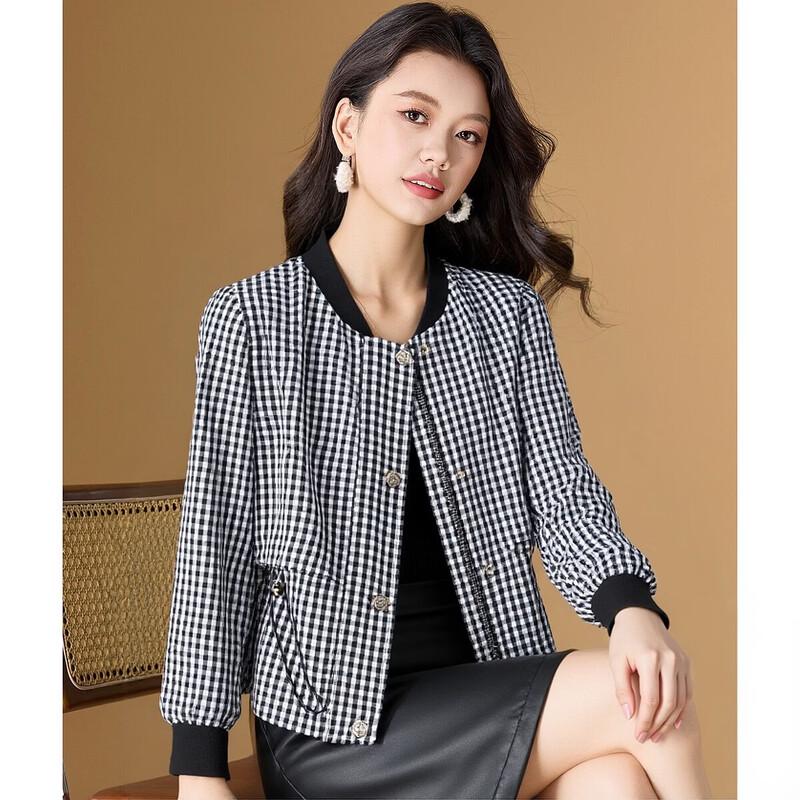 Women s Retro Houndstooth Drawstring Waist Short Jacket L