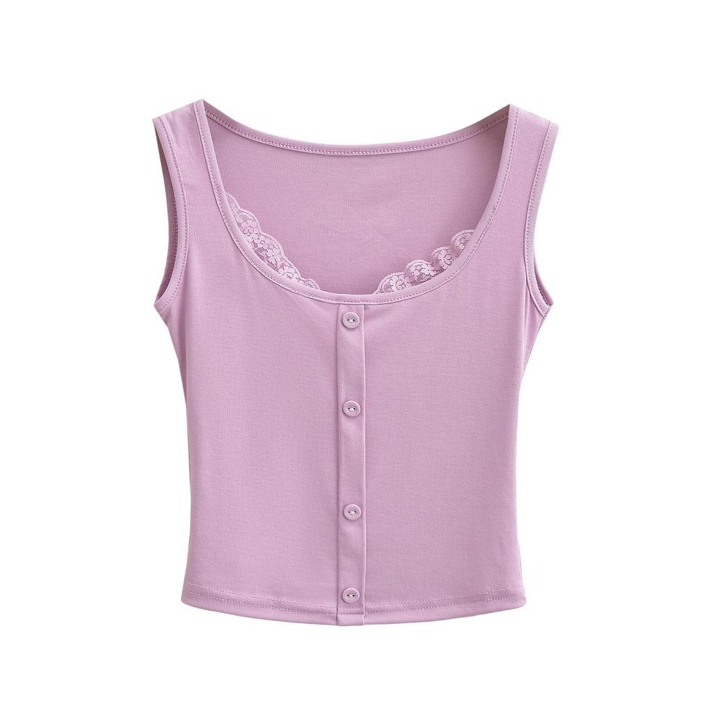 2024 Summer Lace Camisole Crop Top - Women's Sleeveless Round Neck Two-Piece Design