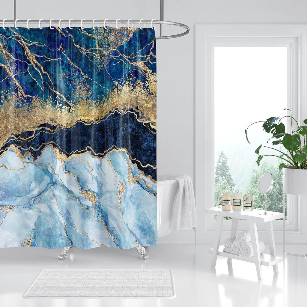 Marble Shower Curtain, Blue Marble Shower Curtain Set, Abstract Navy Blue Gold Glitter Veins Texture Marble Shower Curtains For