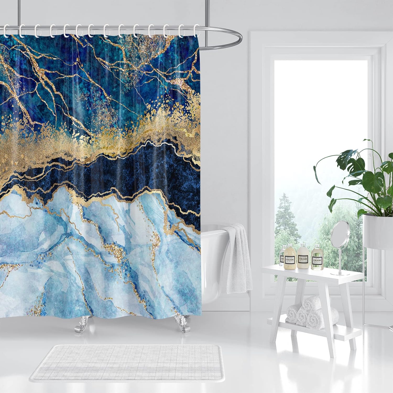

Marble Shower Curtain, Blue Marble Shower Curtain Set, Abstract Navy Blue Gold Glitter Veins Texture Marble Shower Curtains For W60H190(CM)-1 Pcs