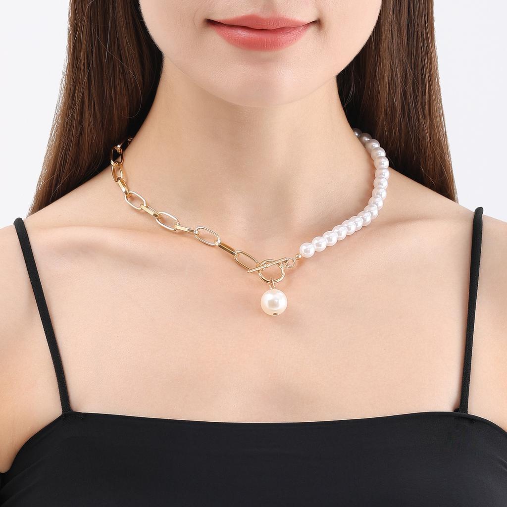 European and American Fashion, Simple Pearl Splicing Chain Necklace, Double-layer Women's Necklace Stacked with Wind Alloy Necklace