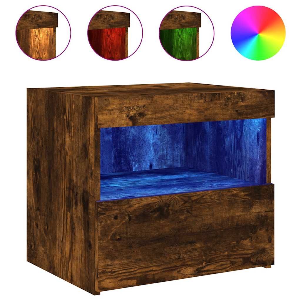 Nightstand with LED Lights Smoked Oak Finish 50 x 40 x 45 cm
