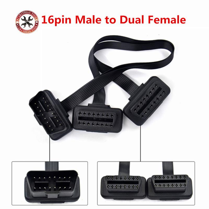 Dual Female Y Splitter Elbow 16Pin OBD 2 Extender ODB OBD2 Cable 16 Pin Male To Female Flat Noodle OBD2 Extension Cable