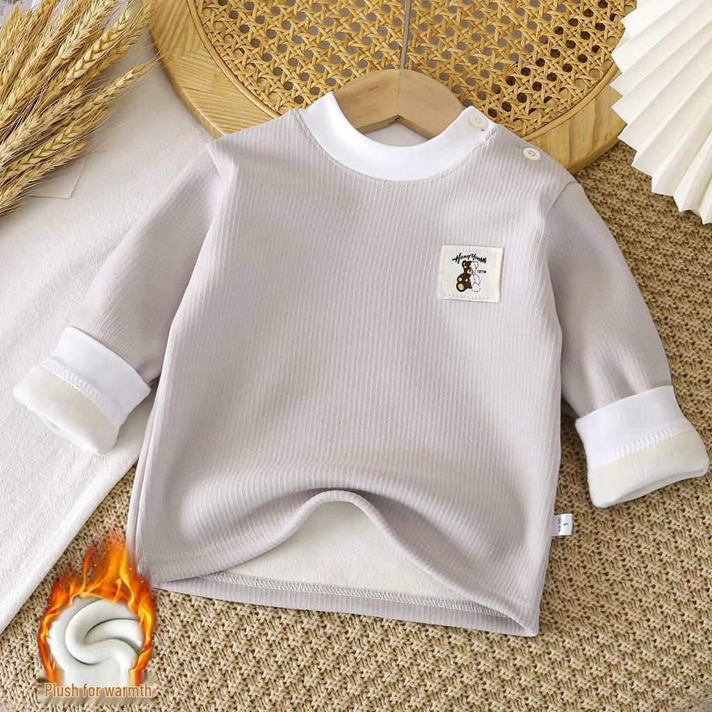 Kids' Velvet-Lined Round Neck Warm Top for Autumn & Winter