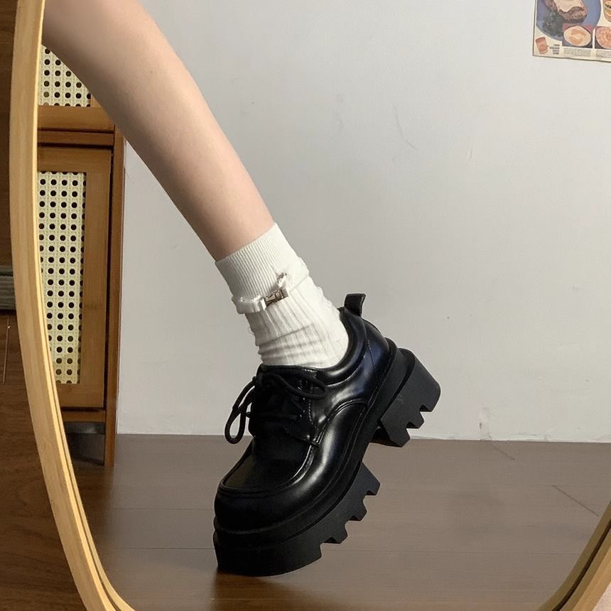British style platform versatile thick heel heightening single shoes brown retro lace-up small leather shoes women's autumn 2024 new models