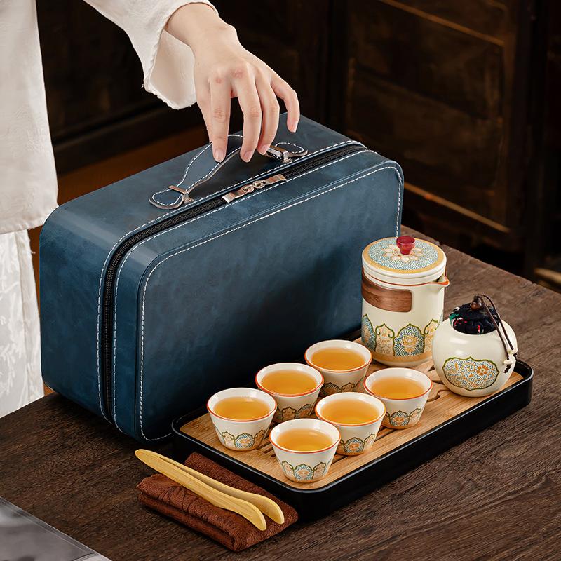 The Whole Set of Tea Sets Is Portable, Kung Fu Ru Kiln Ancient Rhyme Set, with Tea Tray, Outdoor Ceramic Express Cup, Company Business Gifts