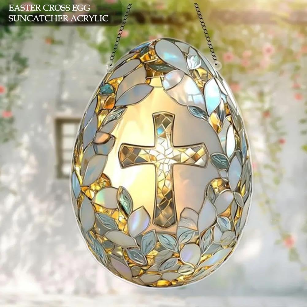 Decorative Easter Cross Egg Suncatcher Stained Glass Style Window Hanging 5.7 X 8.0 Inches Easter Hanging Holiday Window Decor