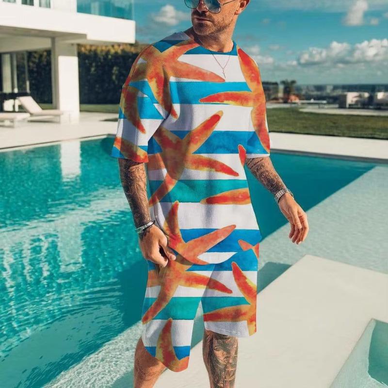 Men's Hawaiian Full Print Suit Casual T-shirt Beach Pants Suit Daily Stylish Men Short-sleeve Top New Mens Tees Short Two Set