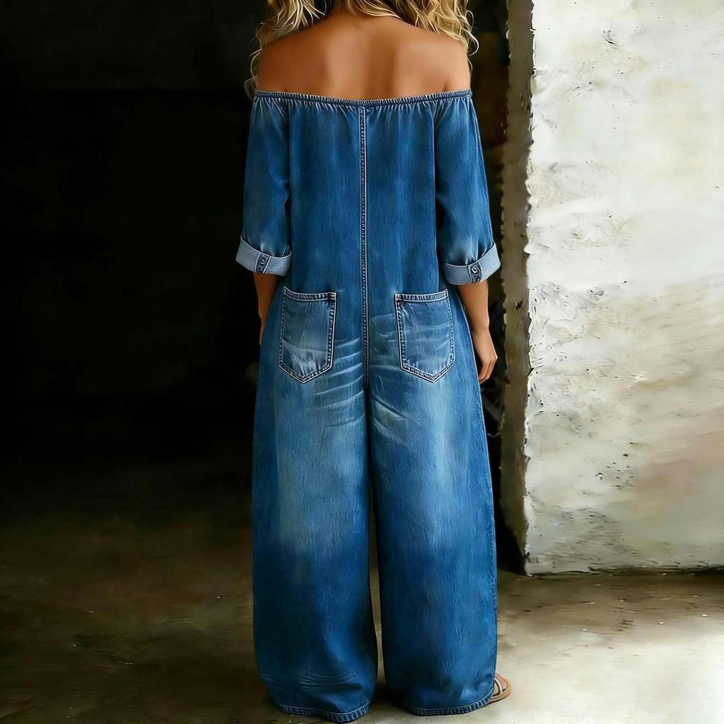 Macacão Feminino Ombro a Ombro Botões Frontais Estilo Jeans Lavado Perna Larga Peça Única