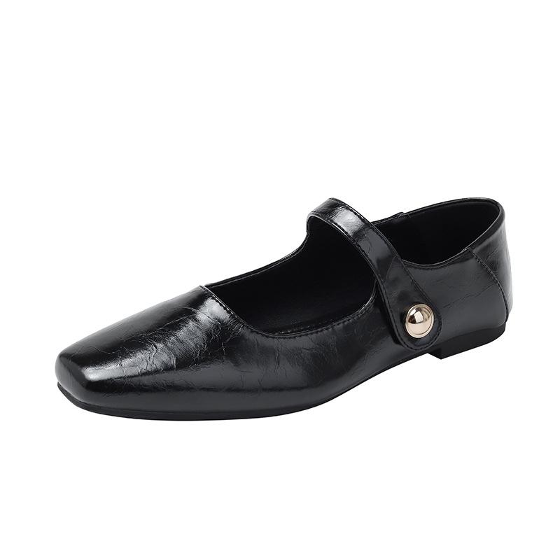 Mode Fyrkantig Tå Bruna läder mary janes skor kvinna retro ankelrem ballerinaskor låga djup mun mockasiner bekväma ballerinaskor för kvinna