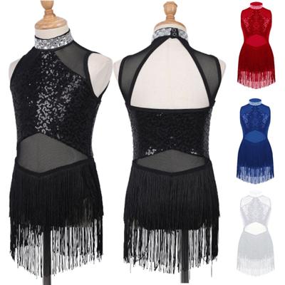 Błyszczący Rhinestone Zdobiony Kołnierz Cekiny Patchwork Siatka Tassel Hem Taniec Trykoty Dzieci Dziewczyny Stylowa Odzież
