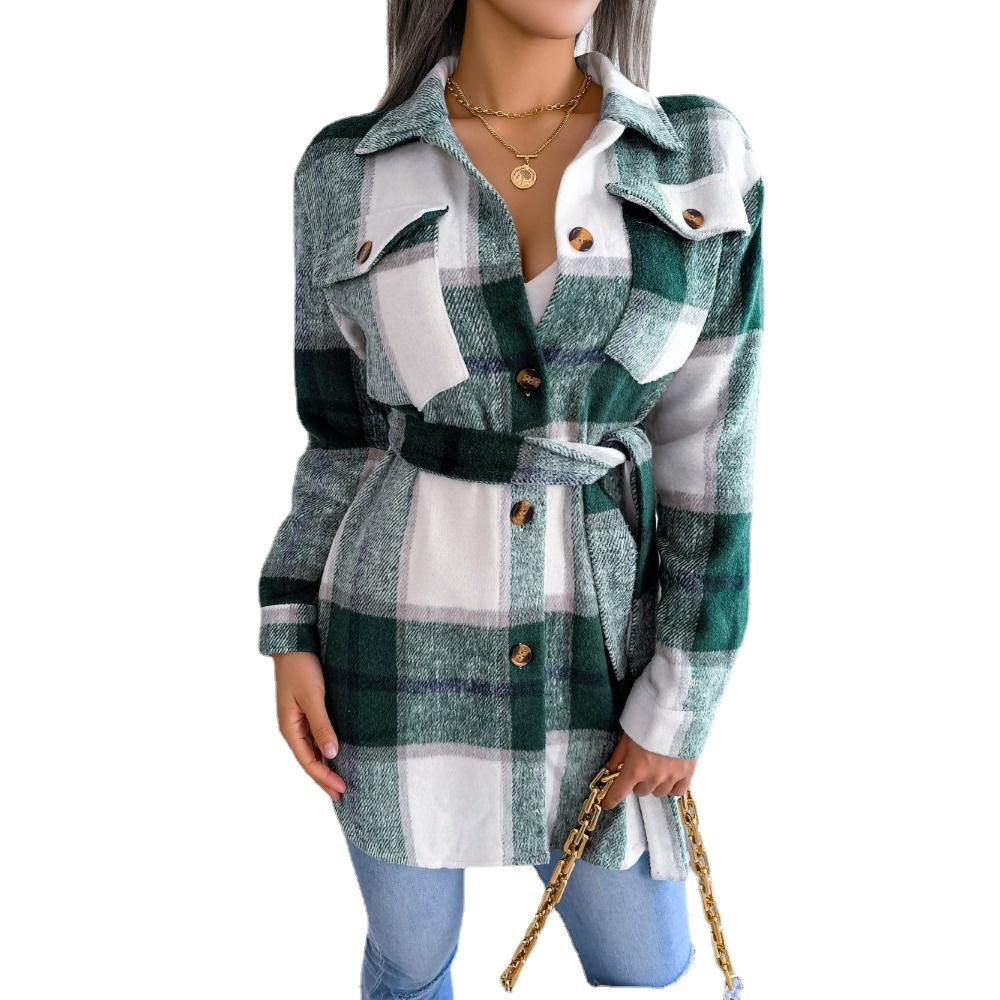 

GMXIA женские винтажные повседневные облегающие куртки в клетку с принтом осень-зима с длинными рукавами и лацканами и цветные шерстяные куртки с контрастными ремешками XL зелёный