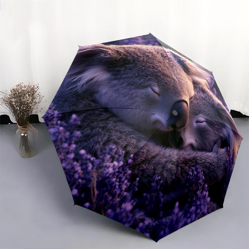 Fantasia koala e fiori, ombrello pieghevole automatico, design portatile e pieghevole, 8 stecche, un regalo di Natale o di compleanno.