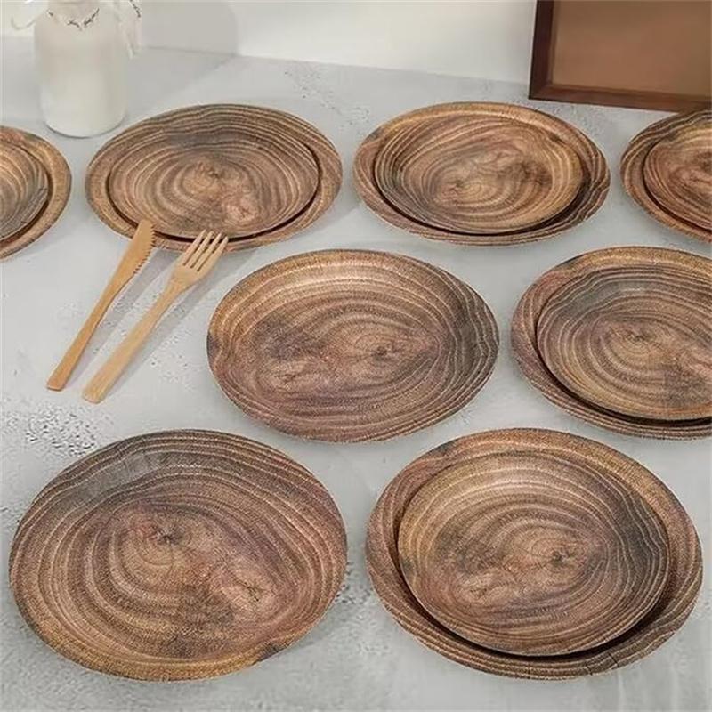 10pcs 7-inch/9-inch Retro Imitation Wood Grain Disposable Plate Paper Tray Birthday Party Holiday Party Decoration Household Ite